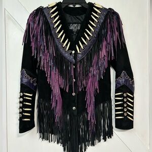 Edgy Black and Purple Fringe Leather Jacket